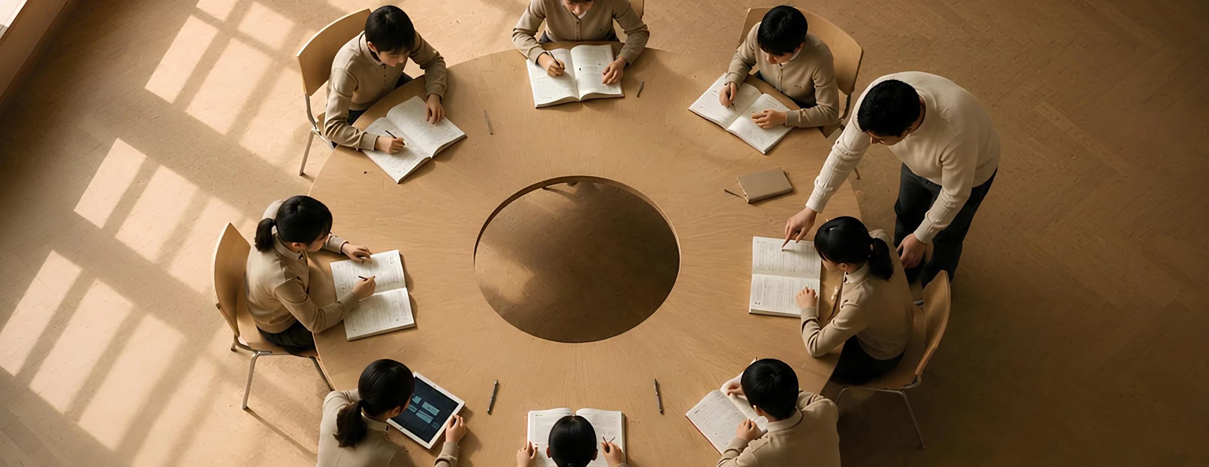 Students and a teacher around a circular table in a sunlit classroom